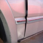 Before and after photographs of a damaged Ford pickup truck that was repaired by Elite Paint & Body Shop in West Palm Beach, Florida.